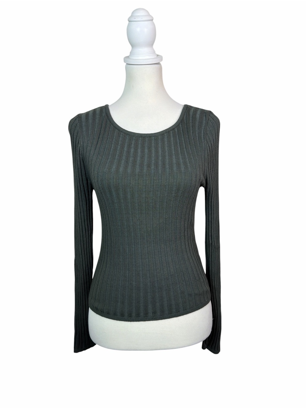 Brod Butterfly Green Gray Ribbed Knit Long Sleeve Fitted Top Women’s Medium